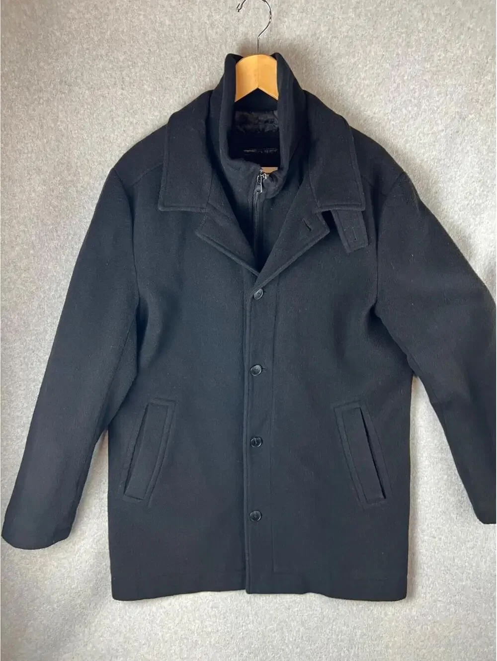 Calvin Klein Mens Stadium Wool Coat Size L Mid Length Full Zip Mock Neck Black